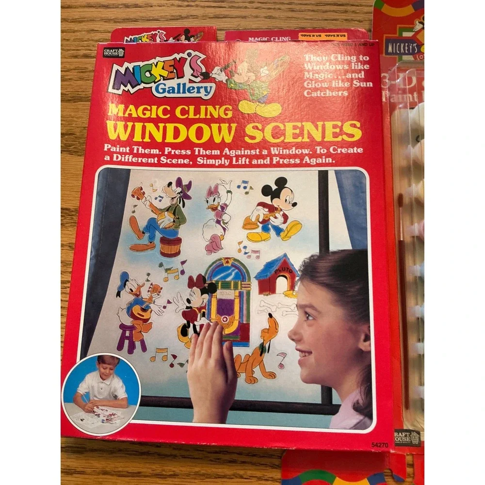 Vintage Disney Mickey Mouse Craft Kit Lot Paint by Number Window Cling Crayon